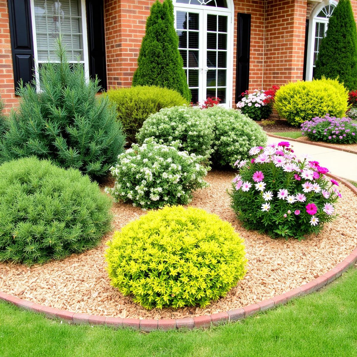 Freshly mulched flower beds with trimmed shrubs and crisp edging along a home's front walkway