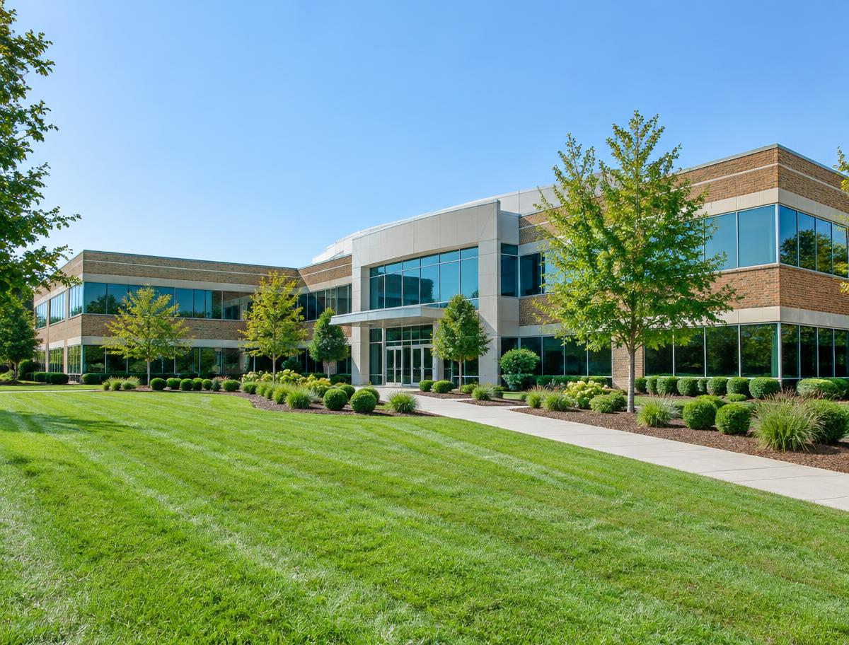 Commercial office park plaza with a striped mowed lawn, mulched landscape beds, and neatly pruned shrubs in front of a low-rise office building