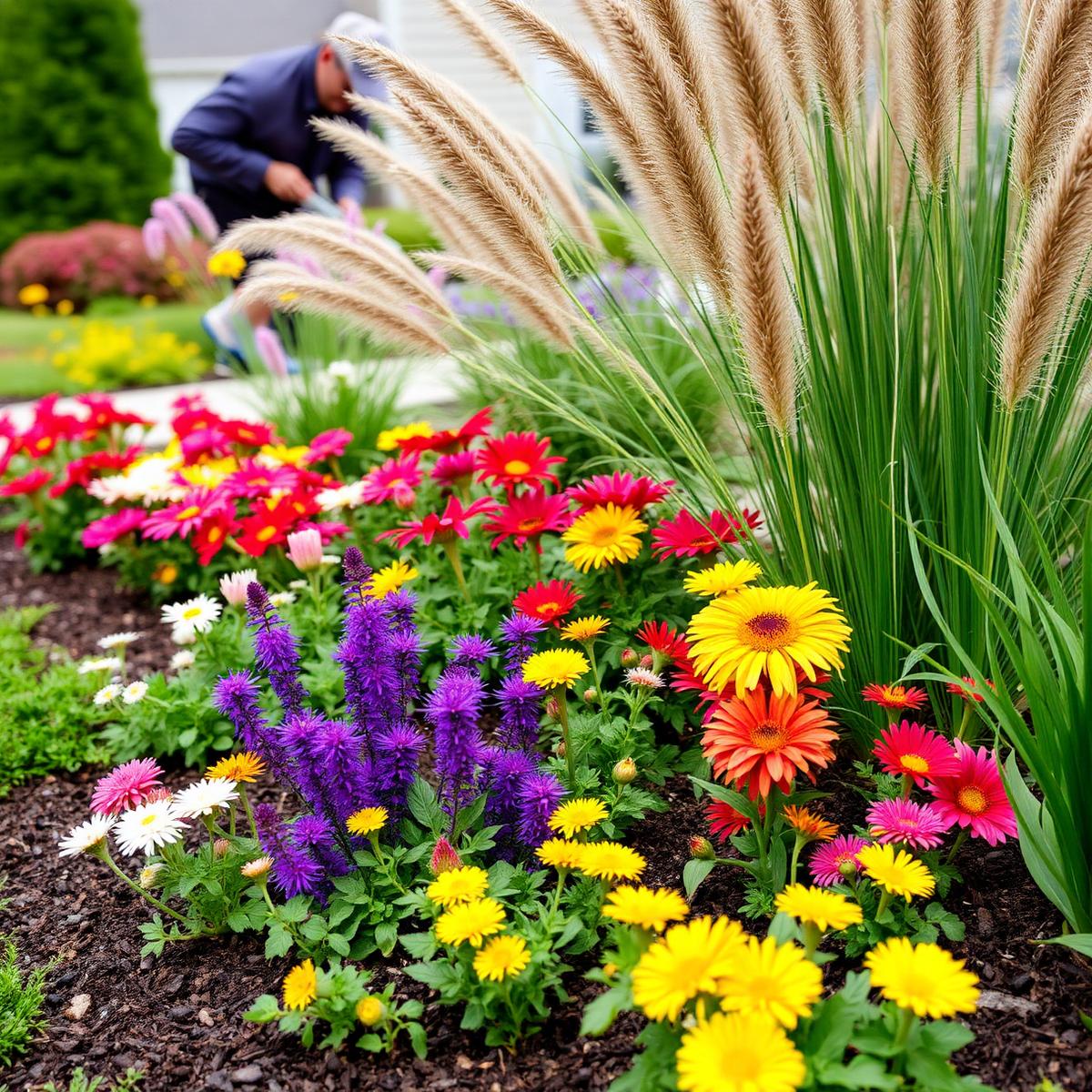 Custom landscape design with native plantings, ornamental grasses, and seasonal color