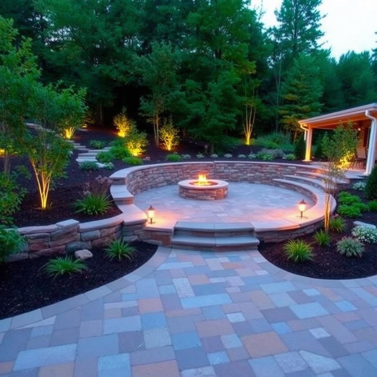 Hand-laid stone paver patio with retaining wall and built-in fire pit in a backyard