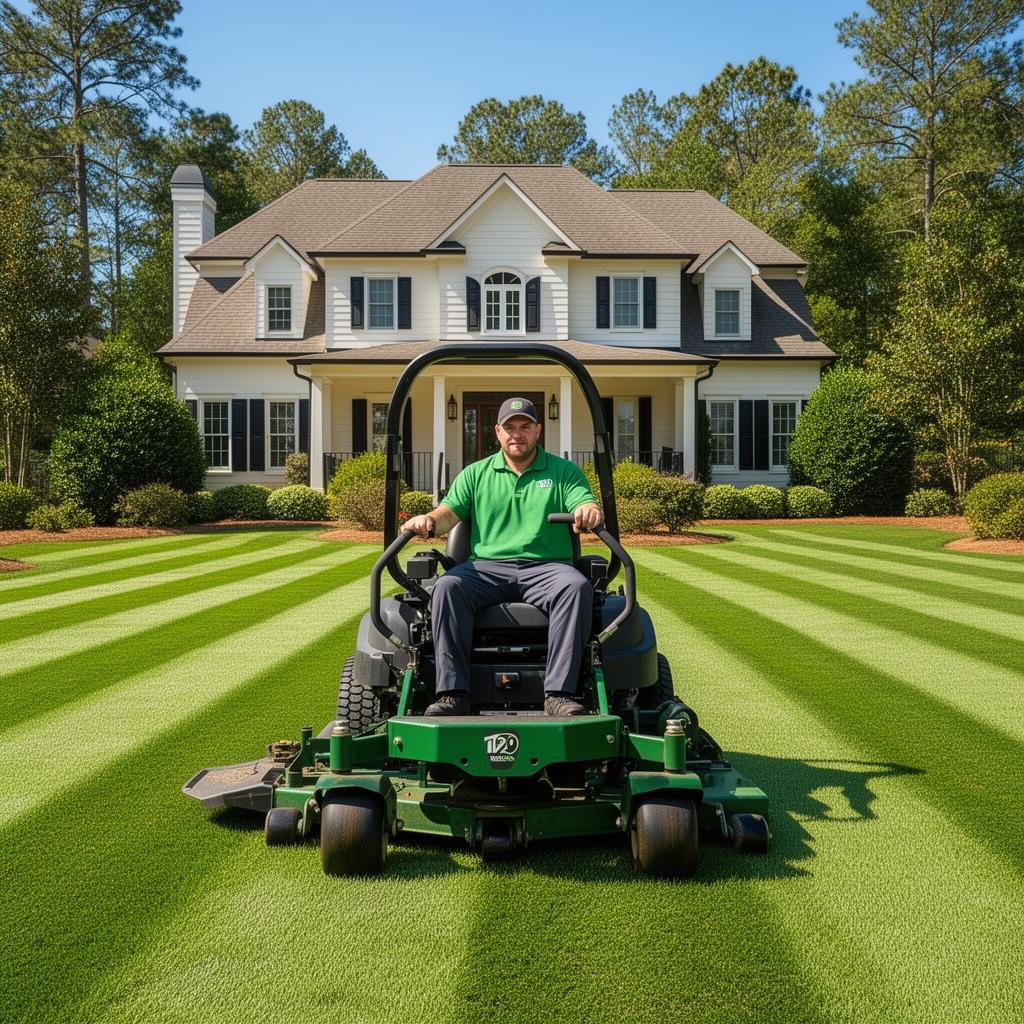 Professional landscaping crew mowing a residential lawn on a zero-turn mower