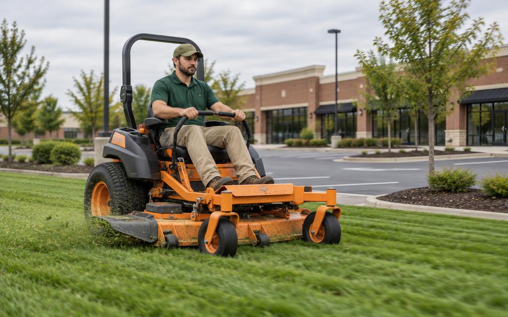 Landscaper riding an orange commercial zero-turn mower through a shopping center lawn in motion