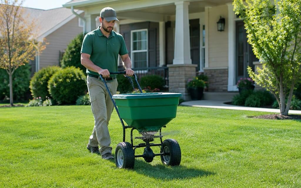 Lawn care professional spreading fertilizer on a green lawn
