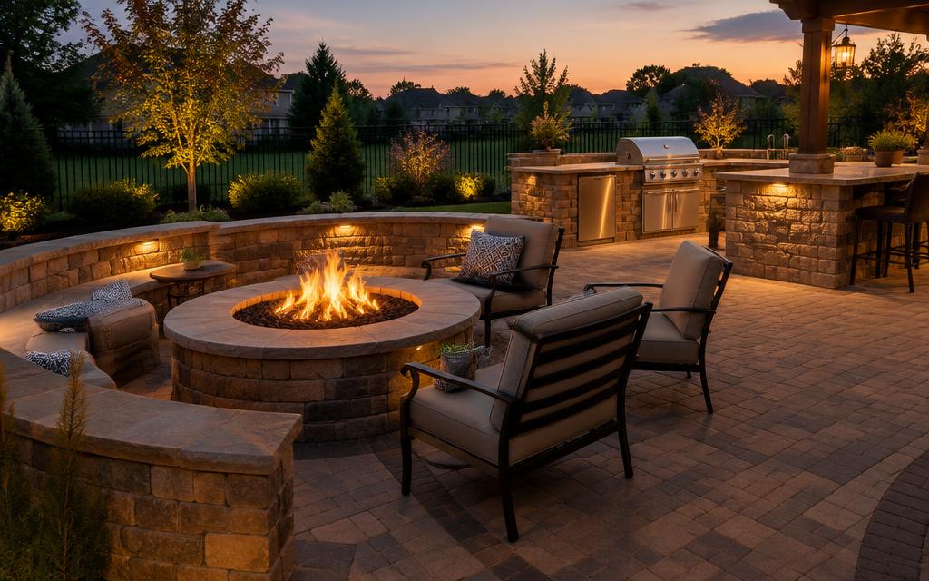 Stone fire pit and outdoor kitchen on a paver patio at dusk
