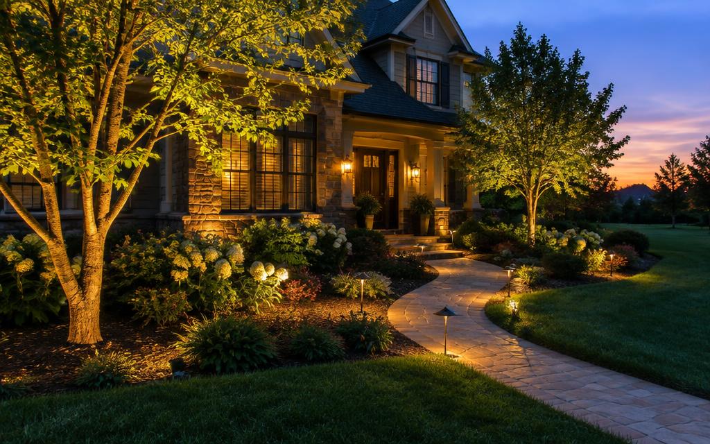 Low-voltage landscape lighting along a home's walkway and garden