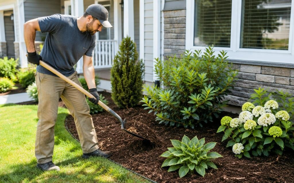 Landscaper spreading fresh mulch into a flower bed