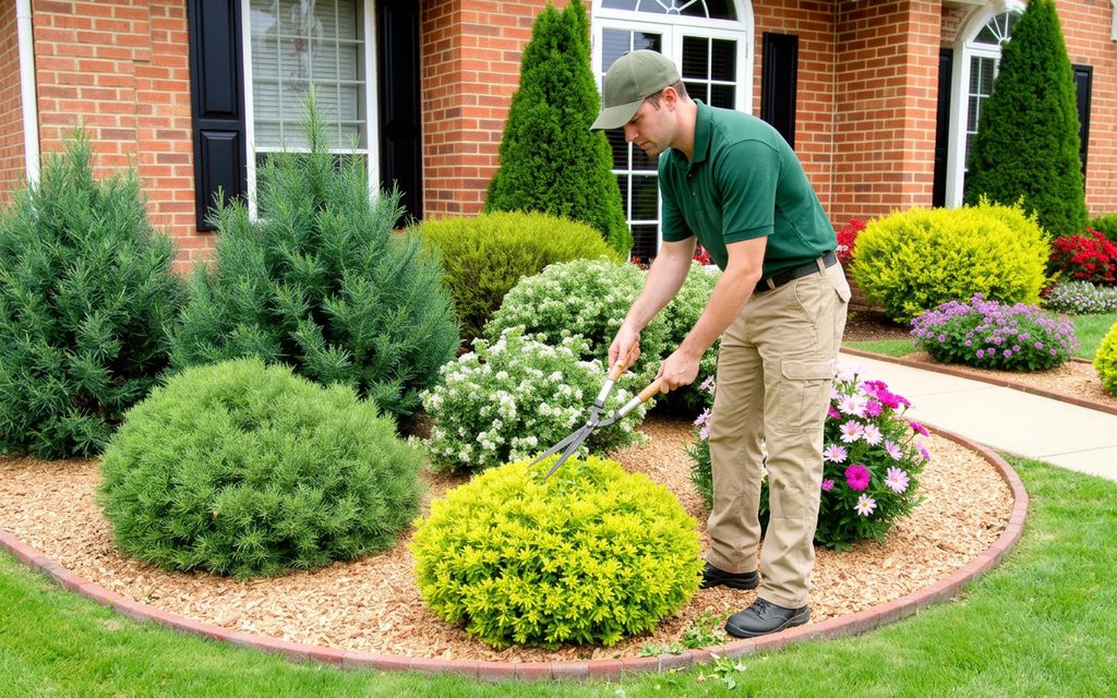 Lawn care professional trimming a shrub with hedge shears in a residential garden bed