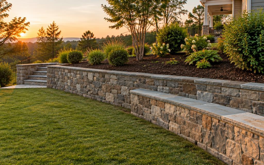 Natural stone retaining wall and seat wall in a backyard