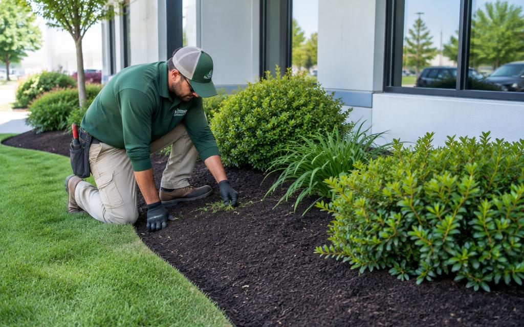 Technician keeping a weed-free landscape bed tidy outside a commercial building