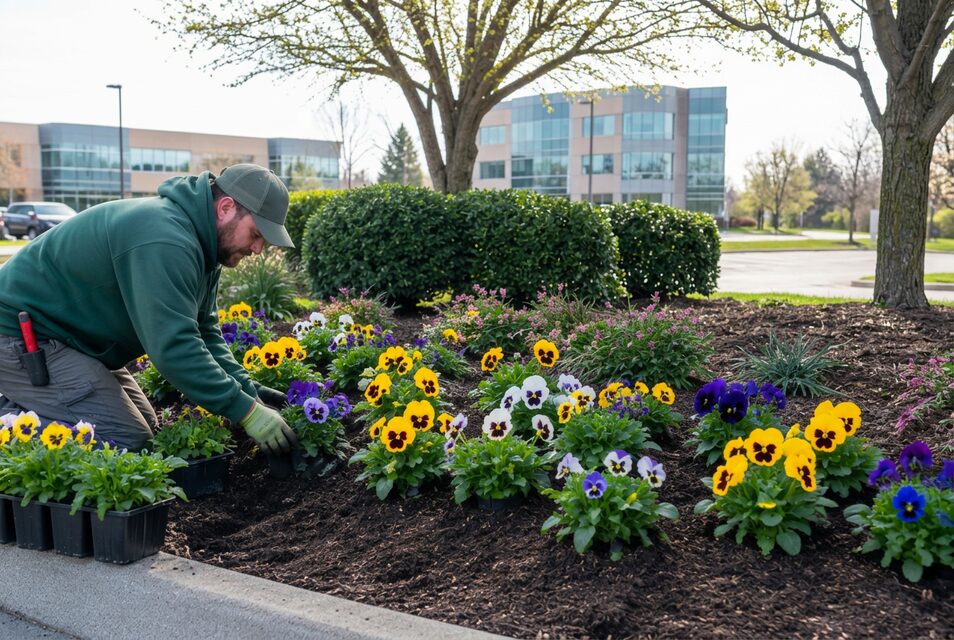 Seasonal flowers being planted in an entrance bed at an office park sign