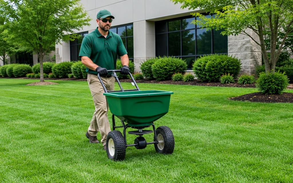 Lawn care professional spreading fertilizer on a lush commercial lawn