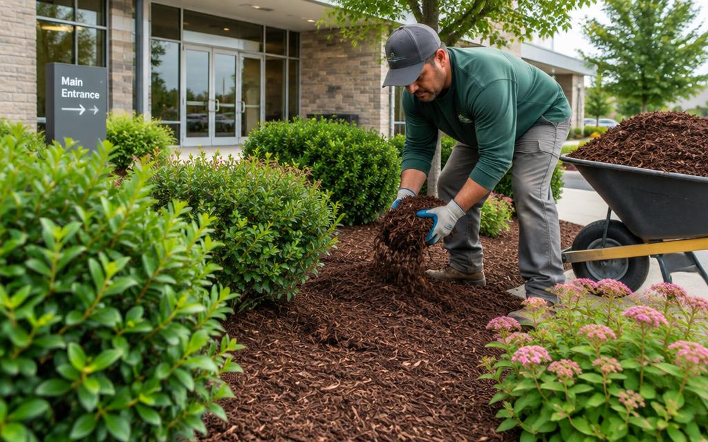 Landscaper spreading fresh mulch into a flower bed at a commercial property entrance