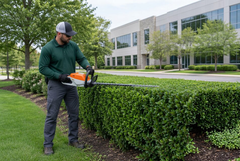 Technician trimming a manicured hedge at an office park entrance sign